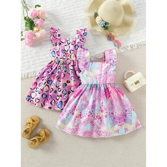 2 Girls Ruffle Trim Heart Print & Colorful Printed Dress Set Sleeveless Sundress - Picture 1 of 5